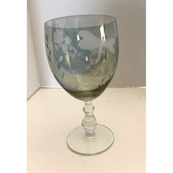 Iridescent Blue Green Wine Glasses Etched Butterfly & Flowers Set of 4 Vintage - Picture 2 of 8